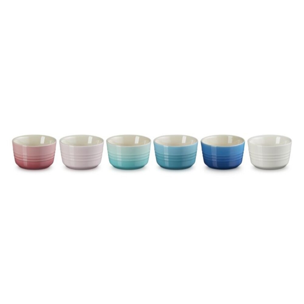 Le Creuset Stoneware Multicolor Set of 6 3.5oz Mini Ramekins Rose Q Mint NEW